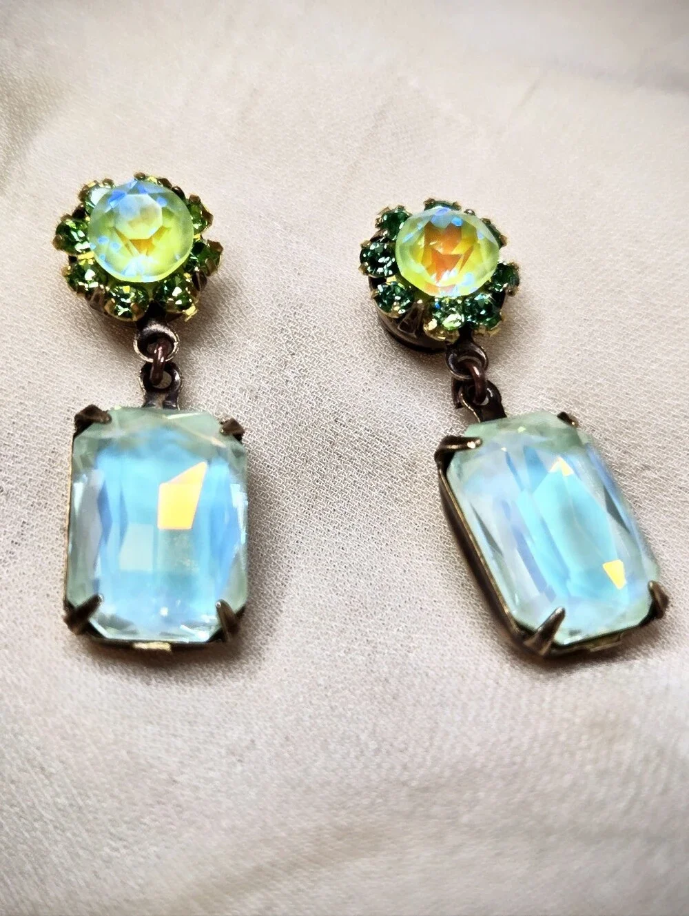 Bright Apple Green Crystals W/ Flower In Octagon Antique Bronze Artisan Earrings